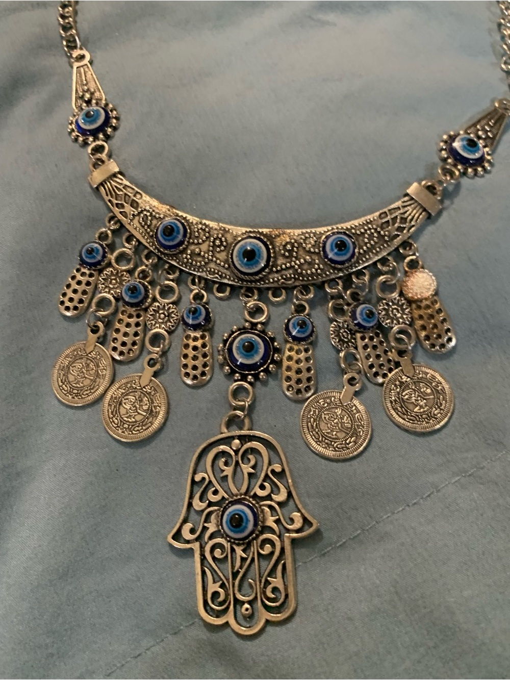 Silver Hamsa Coin Necklace with Blue Evil Eye Accents